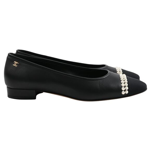 CHANEL Shoes - Chanel Cap-Toe Pearl Detail Ballet Flats in Black Leather